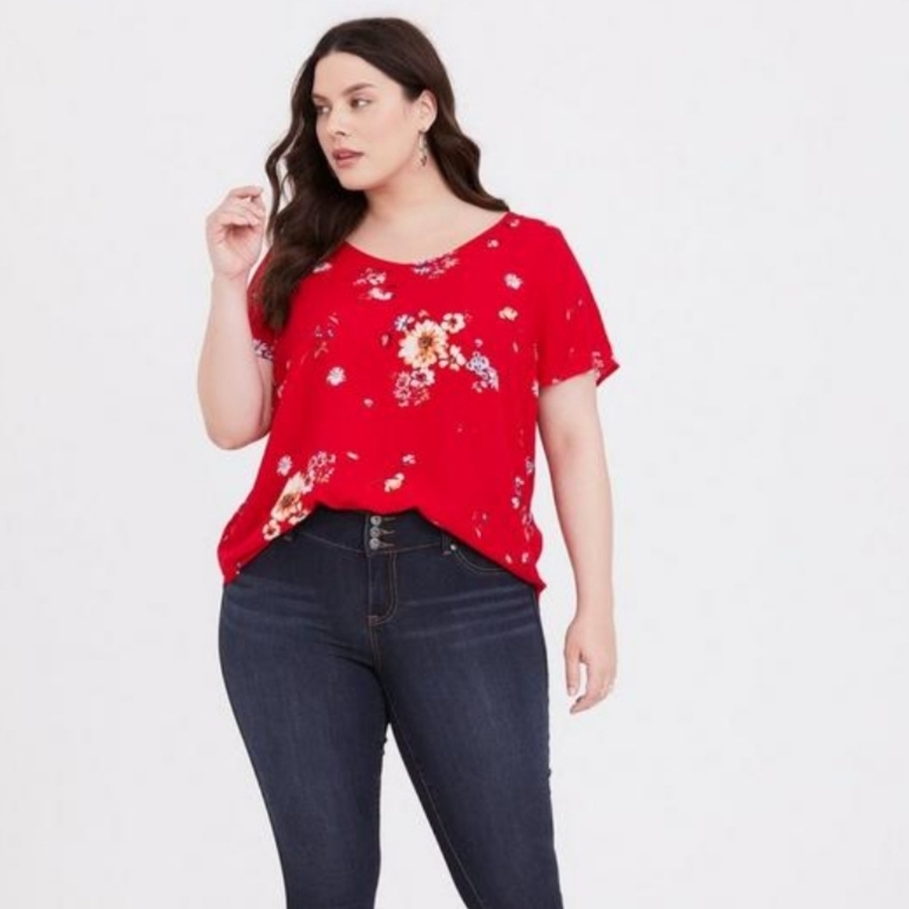 Abbey Floral Torrid Crinkle Gauze Button Back Red Blouse 18 20 2X